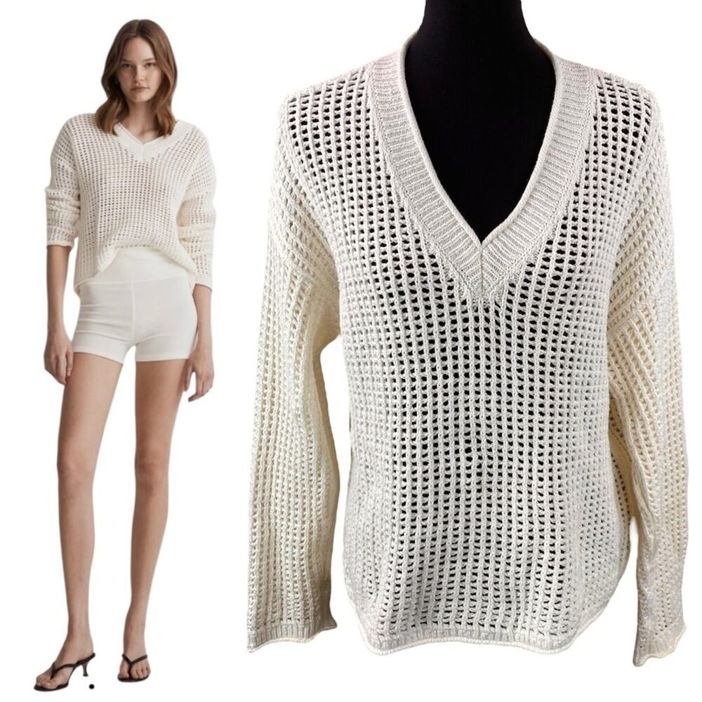 Madewell Open Stitch V-Neck Pullover Sweater Size L Cream Cotton